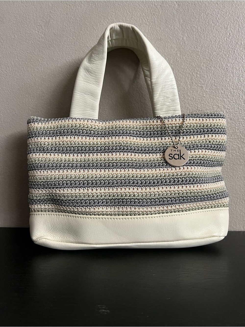 The Sak White Gray Seafoam Striped Crochet Tote Bag Leather Trim Mini Tote Purse